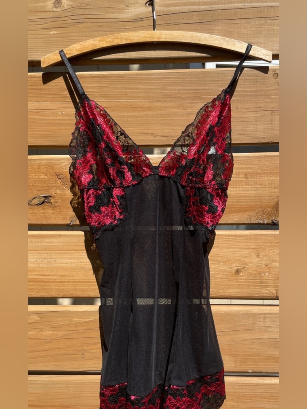 Delicate Black Sheer Chemise with Red Lace Accents